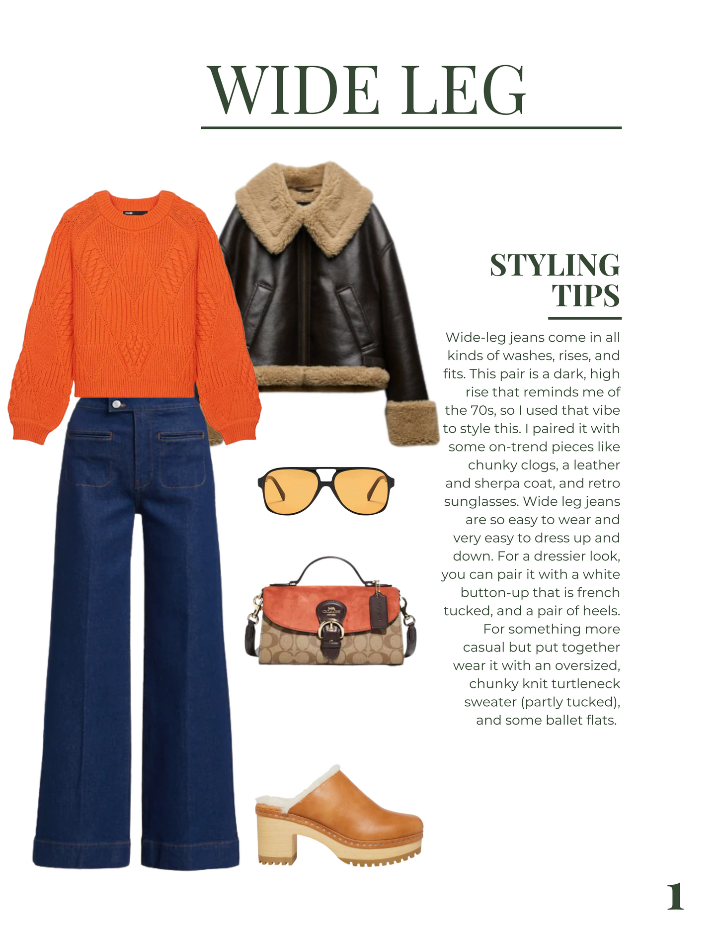 An outfit from the guide that contains wide leg jeans, clogs, an orange sweater, brown sherpa coat, and an orange and brown handbag. There are styling tips in the corner.