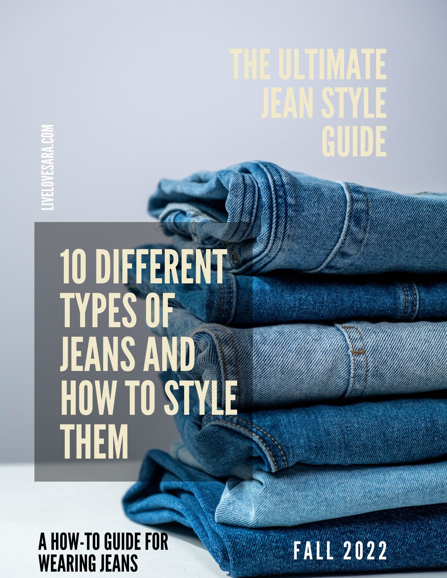 A stack of denim is in the background with an overlay of writing with the title, "The Ultimate Jeans Style Guide", in the middle left.